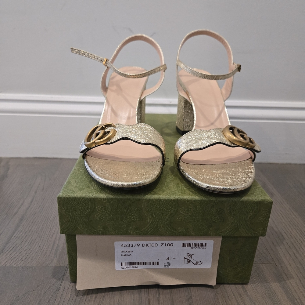 $920 Gucci Marmont GG Metallic Gold Leather Block Heel  Sandals EU 41.5 US 11.5 - Picture 8 of 12